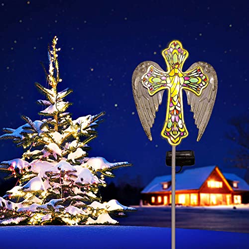 TEDOF Solar Cross Outdoor Garden Decorations,Cemetery Decorations for Grave,Memorial Gifts for Mother,Stained Glass and Angel Wings,Outside Waterproof Patio Decor Perfect Gardening Decor