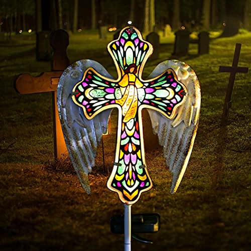 TEDOF Solar Cross Outdoor Garden Decorations,Cemetery Decorations for Grave,Memorial Gifts for Mother,Stained Glass and Angel Wings,Outside Waterproof Patio Decor Perfect Gardening Decor