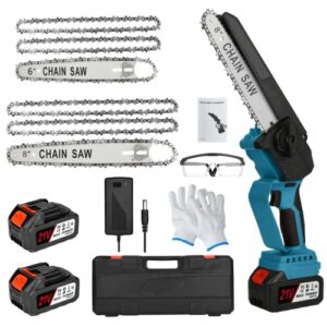 mini chainsaw cordless with 2 battery, 8&6 inch mini handheld chain saw with replacement chain, small battery powered electric portable chain saw for branch wood cutting and garden tree trimming