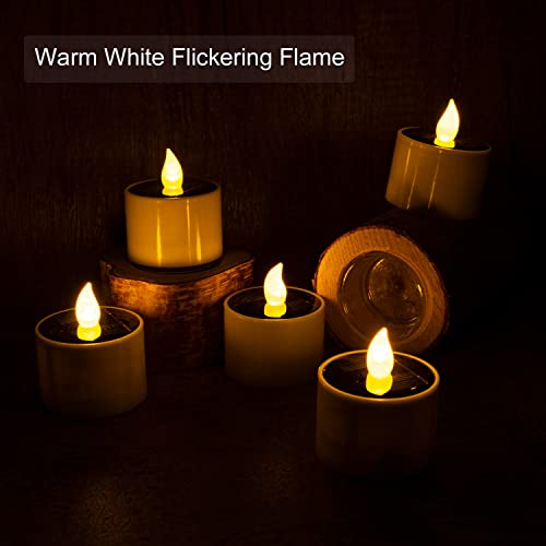 SingTok 6 PCS Solar Powered Outdoor LED Tea Lights Waterproof Rechargeable Flameless Flickering Candles Battery Operated Solar LED Votive Flicker Tealight Candle for Garden Lantern Decor (Warm White)