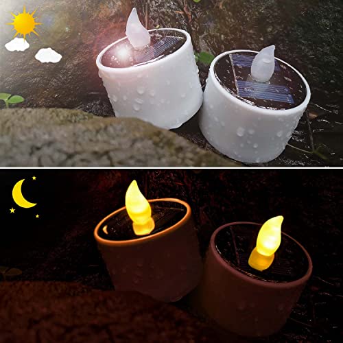 SingTok 6 PCS Solar Powered Outdoor LED Tea Lights Waterproof Rechargeable Flameless Flickering Candles Battery Operated Solar LED Votive Flicker Tealight Candle for Garden Lantern Decor (Warm White)