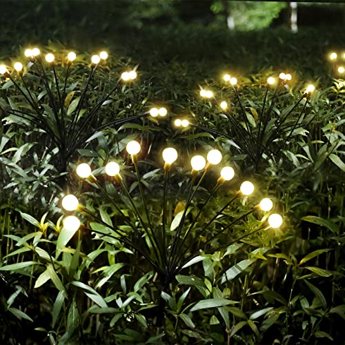 Yiliaw Solar Firefly Lights 12 LED Solar Outdoor Lights Waterproof Starburst Swaying Garden Lights for Path Fence Outdoor Decorative Lights (Warm White, 2 Pack)