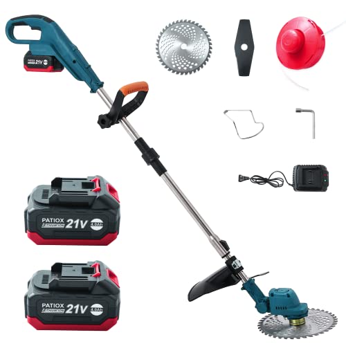 Battery Powered Weed Eater Cordless- Electric Weed Wacker Rechargeable- Two 4.0 Ah Battery Operated Weed Whacker Cordless 21V Grass Edger Trimmer with Blade and Charger- Lawn Yard Garden Brushless-1