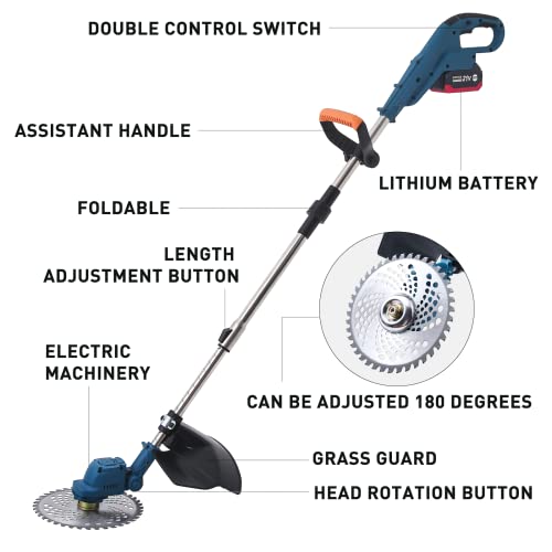 Battery Powered Weed Eater Cordless- Electric Weed Wacker Rechargeable- Two 4.0 Ah Battery Operated Weed Whacker Cordless 21V Grass Edger Trimmer with Blade and Charger- Lawn Yard Garden Brushless-1