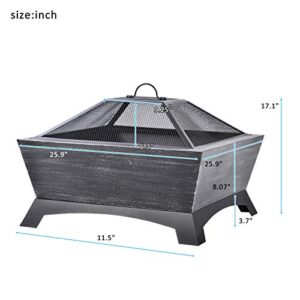Fire Pit with Log Poker,Backyard Patio Garden Stove,Outdoor Fire Pit Table,Fire Pit Set,Wood Burning Pit,Mesh Screen for Outdoor Living, Family Use, Quality Steel,Dark Gray 25.9''x25.9''x17.1''