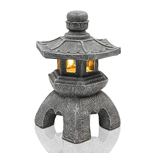 Nacome Solar Pagoda Lantern Garden Statue,Indoor/Outdoor Zen Asian Decor for Landscape Balcony,Garden,Patio,Porch Yard Art Ornament,Polyresin, Gray Stone Finish