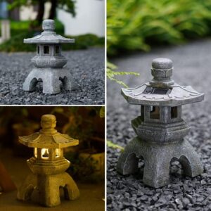 Nacome Solar Pagoda Lantern Garden Statue,Indoor/Outdoor Zen Asian Decor for Landscape Balcony,Garden,Patio,Porch Yard Art Ornament,Polyresin, Gray Stone Finish