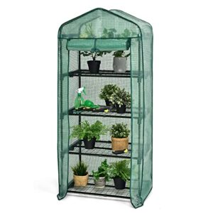 giantex portable mini greenhouse, gardening tent w/ 4-tier rack, weatherproof pe cover, zippered roll-up door, steel frame, easy setup, indoor & outdoor small garden supplies green