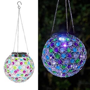 solar lantern hanging outdoor christmas decorative, dual leds color changing and cool white crystal globe lamp hanging light waterproof with s hook decor in garden, pathway, front door- multi color