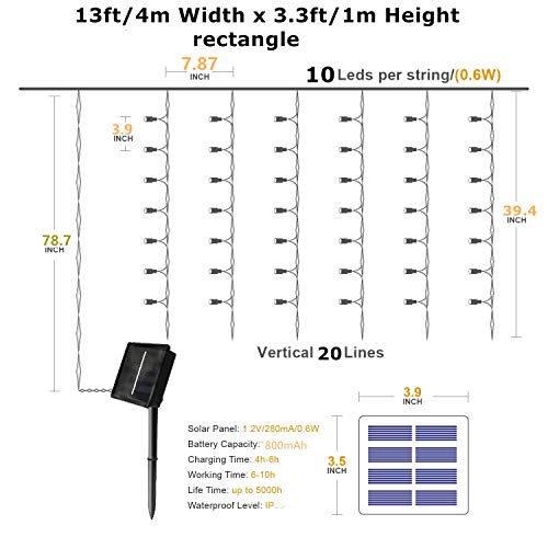 DBFairy Solar Curtain String Lights Outdoor, 13ft(L) x 3.3ft(H), 8 Mode, 200 LED,Solar Icicle Twinkle Lights for Home Garden Patio Camping Party Window Balcony Decoration - Waterproof,Dark Green-White
