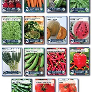 Grannys Garden Heirloom Vegetable Seed Collection - 15 Varieties Non-GMO Heirloom Beet Carrot Cucumber Basil Kale Lettuce Melon Onion Pea Pepper Squash and Tomato Seeds by Sustainable Seed Company