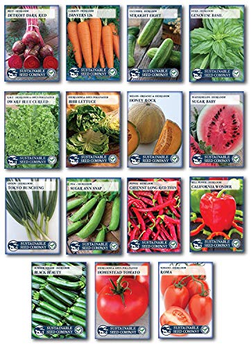 Grannys Garden Heirloom Vegetable Seed Collection - 15 Varieties Non-GMO Heirloom Beet Carrot Cucumber Basil Kale Lettuce Melon Onion Pea Pepper Squash and Tomato Seeds by Sustainable Seed Company