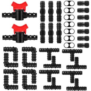 Kalolary 42Pcs Drip Irrigation Fittings Kit, Irrigation Barbed Connectors Water Hose Connector for 1/2" Tubing (2 Switch Valves, 8 Couplings, 8 Tees, 8 Elbows, 8 End Closures, 8 End Cap Plugs)