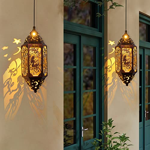 Go2garden Solar Hanging Lanterns Outdoor Waterproof, Big Fairy Moon Metal Decorative Solar Lights for Patio, Yard, Pathway, Garden Décor, Birthday Gifts for Mother, Mom (2Pack, Red Copper)