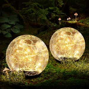 garden solar ball lights outdoor waterproof, 60 led cracked glass globe solar power ground lights for path yard patio lawn, outdoor decoration landscape warm white(2 pack 5.9”)