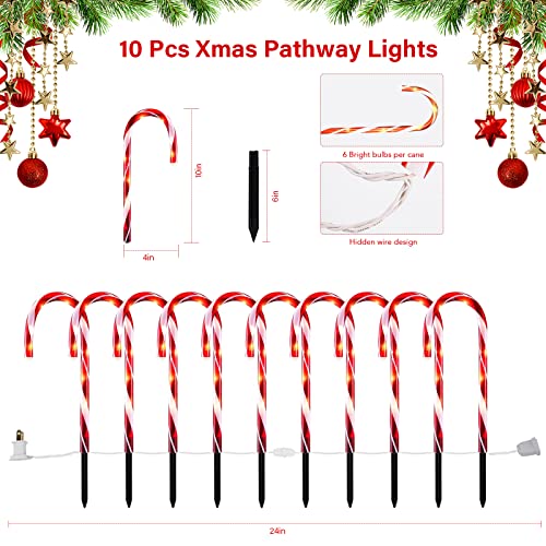 Twinkle Star Christmas Candy Cane Lights, 10 Pcs Christmas Pathway Markers with 60 Count Incandescent Warm White Fairy Lights for Outdoor Holiday Walkway Patio Garden Christmas Decorations