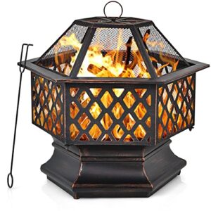 giantex 26 inch outdoor fire pit, large hexagonal fire bowl with spark screen cover and poker, wood burning firepit for outside camping garden patio backyard