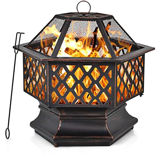 Giantex 26 Inch Outdoor Fire Pit, Large Hexagonal Fire Bowl with Spark Screen Cover and Poker, Wood Burning Firepit for Outside Camping Garden Patio Backyard