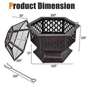 Giantex 26 Inch Outdoor Fire Pit, Large Hexagonal Fire Bowl with Spark Screen Cover and Poker, Wood Burning Firepit for Outside Camping Garden Patio Backyard