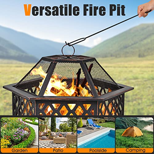 Giantex 26 Inch Outdoor Fire Pit, Large Hexagonal Fire Bowl with Spark Screen Cover and Poker, Wood Burning Firepit for Outside Camping Garden Patio Backyard