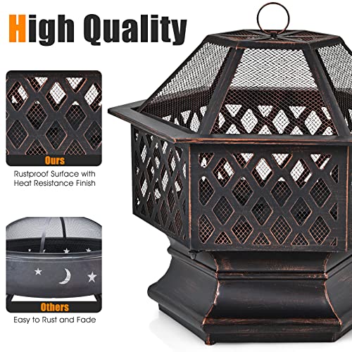 Giantex 26 Inch Outdoor Fire Pit, Large Hexagonal Fire Bowl with Spark Screen Cover and Poker, Wood Burning Firepit for Outside Camping Garden Patio Backyard