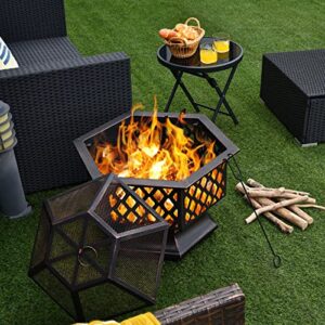 Giantex 26 Inch Outdoor Fire Pit, Large Hexagonal Fire Bowl with Spark Screen Cover and Poker, Wood Burning Firepit for Outside Camping Garden Patio Backyard