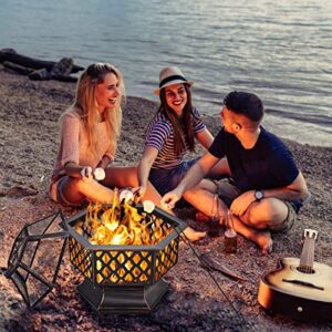 Giantex 26 Inch Outdoor Fire Pit, Large Hexagonal Fire Bowl with Spark Screen Cover and Poker, Wood Burning Firepit for Outside Camping Garden Patio Backyard