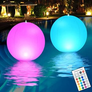 pocare solar floating pool lights 2 pack, 14″ floating ball lights color changing led glow globe waterproof with remote control, float or hang pool night lights for garden party decor