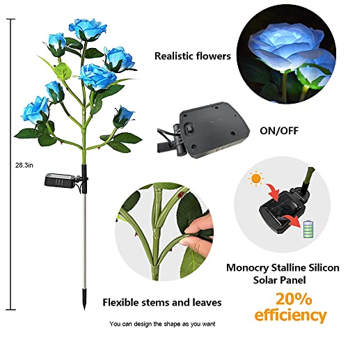 Chasgo Blue Rose Flower Lights Solar Garden Stake Lights with 7 LED Rose Lights Outdoor Waterproof Solar Decorative Lights for Garden Yard Lawn Memorial Cemetery Decoration