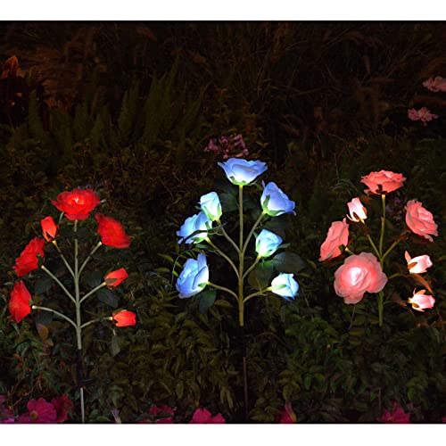 Chasgo Blue Rose Flower Lights Solar Garden Stake Lights with 7 LED Rose Lights Outdoor Waterproof Solar Decorative Lights for Garden Yard Lawn Memorial Cemetery Decoration