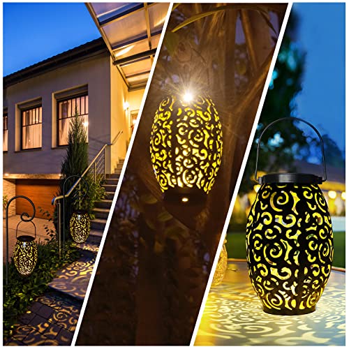 2 Pack Solar Lanterns Outdoor Waterproof - Metal Hanging Solar Lights, Solar Powered LED Lantern Decorative for Patio Yard Porch Pathway Walkway Tabletop Lawn and Garden Lighting (Black)