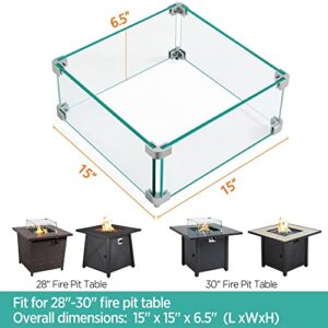 Yaheetech Gas Fire Pit Wind Guard for Square Fire Table, 15 x 15 x 6.5 inch Clear Tempered Wind Guard for Firepits, Thick Square Glass Shield, Glass Panel with Hard Aluminum Corner Bracket & Feet