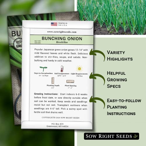 Sow Right Seeds - Heshiko Bunching Japanese Green Onion Seeds for Planting - Non-GMO Heirloom Seeds with Instructions to Plant and Grow a Kitchen Garden, Indoor or Outdoor; Great Gardening Gift