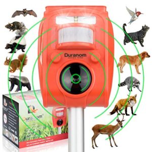 duranom solar animal repeller outdoor, ultrasonic with motion sensor activated flashing led light cat, dog, deer repellent