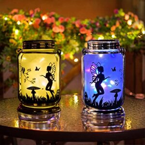2 pack solar fairy lantern mason jar light, red&purple rose flower with fairy stickers mother’s day gifts solar hanging lantern stake lights garden wedding party decoration(warm white&multi color)