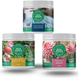 gaia green 4-4-4 all purpose fertilizer, glacial rock dust, gaia green 2-8-4 power bloom organic plant nutrients | works like magic (500g tubs) (combo)