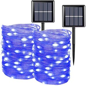 qitong 2 pack upgraded pvc solar fairy lights, each 33ft 100 led blue solar lights outdoor waterproof, 8 modes twinkle mini string lights for garden yard patio fence christmas decorations