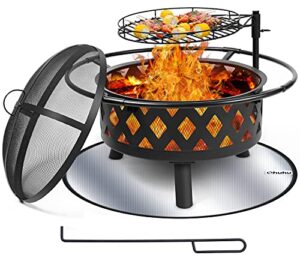 30 inch large fire pit with cooking grate for outside, ohuhu 2-in-1 outdoor wood burning fire pits with fireproof mat, mesh lid & poker, bbq grill firepit for patio backyard garden camping bonfire