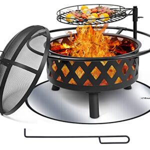 30 Inch Large Fire Pit with Cooking Grate for Outside, Ohuhu 2-in-1 Outdoor Wood Burning Fire Pits with Fireproof Mat, Mesh Lid & Poker, BBQ Grill Firepit for Patio Backyard Garden Camping Bonfire