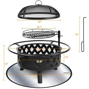 30 Inch Large Fire Pit with Cooking Grate for Outside, Ohuhu 2-in-1 Outdoor Wood Burning Fire Pits with Fireproof Mat, Mesh Lid & Poker, BBQ Grill Firepit for Patio Backyard Garden Camping Bonfire