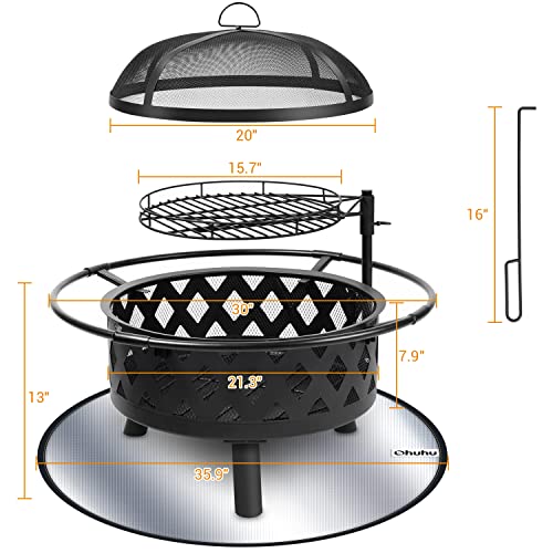 30 Inch Large Fire Pit with Cooking Grate for Outside, Ohuhu 2-in-1 Outdoor Wood Burning Fire Pits with Fireproof Mat, Mesh Lid & Poker, BBQ Grill Firepit for Patio Backyard Garden Camping Bonfire