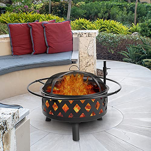 30 Inch Large Fire Pit with Cooking Grate for Outside, Ohuhu 2-in-1 Outdoor Wood Burning Fire Pits with Fireproof Mat, Mesh Lid & Poker, BBQ Grill Firepit for Patio Backyard Garden Camping Bonfire