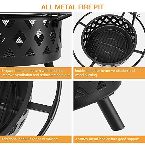 30 Inch Large Fire Pit with Cooking Grate for Outside, Ohuhu 2-in-1 Outdoor Wood Burning Fire Pits with Fireproof Mat, Mesh Lid & Poker, BBQ Grill Firepit for Patio Backyard Garden Camping Bonfire