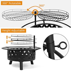 30 Inch Large Fire Pit with Cooking Grate for Outside, Ohuhu 2-in-1 Outdoor Wood Burning Fire Pits with Fireproof Mat, Mesh Lid & Poker, BBQ Grill Firepit for Patio Backyard Garden Camping Bonfire