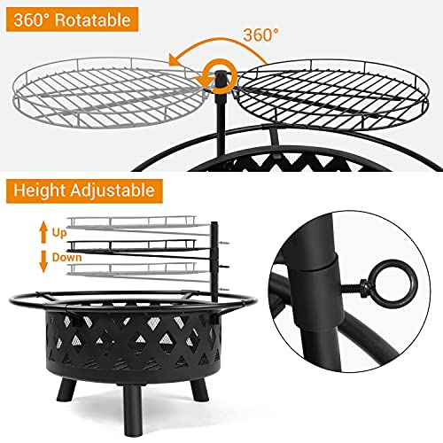 30 Inch Large Fire Pit with Cooking Grate for Outside, Ohuhu 2-in-1 Outdoor Wood Burning Fire Pits with Fireproof Mat, Mesh Lid & Poker, BBQ Grill Firepit for Patio Backyard Garden Camping Bonfire