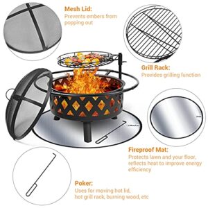 30 Inch Large Fire Pit with Cooking Grate for Outside, Ohuhu 2-in-1 Outdoor Wood Burning Fire Pits with Fireproof Mat, Mesh Lid & Poker, BBQ Grill Firepit for Patio Backyard Garden Camping Bonfire