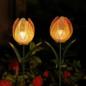 outdoor solar garden lights – 2 pack solar large metal tulip flowers decorative lights – warm white led waterproof solar stake lights for garden, patio, yard, lawn, walkway decoration(yellow)