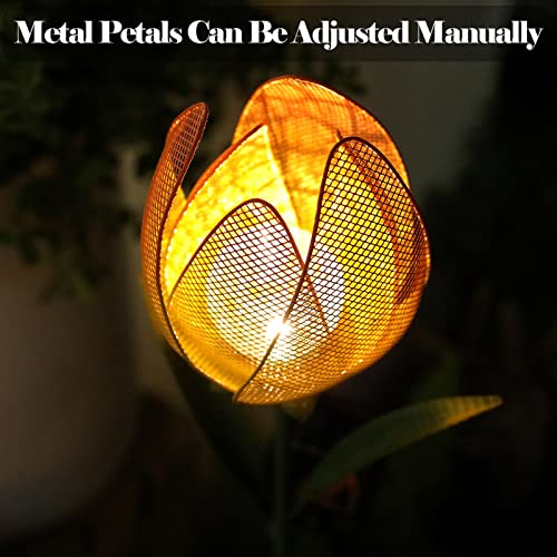 Outdoor Solar Garden Lights - 2 Pack Solar Large Metal Tulip Flowers Decorative Lights - Warm White LED Waterproof Solar Stake Lights for Garden, Patio, Yard, Lawn, Walkway Decoration(Yellow)