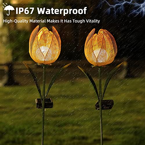 Outdoor Solar Garden Lights - 2 Pack Solar Large Metal Tulip Flowers Decorative Lights - Warm White LED Waterproof Solar Stake Lights for Garden, Patio, Yard, Lawn, Walkway Decoration(Yellow)