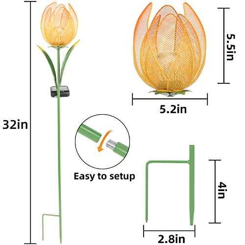 Outdoor Solar Garden Lights - 2 Pack Solar Large Metal Tulip Flowers Decorative Lights - Warm White LED Waterproof Solar Stake Lights for Garden, Patio, Yard, Lawn, Walkway Decoration(Yellow)